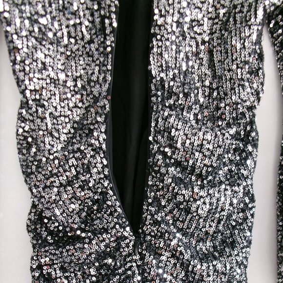 New ASTR The Label Black Sequin Silver Balloon Sleeve Ruched Mini Dress XS NWOT - Picture 11 of 13